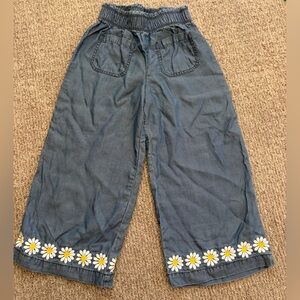 Embroidered Daisy Trim Wide-Leg chambray pants - Blue